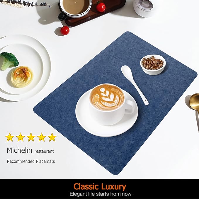 Vinyl Placemats Set of 6 Faux Leather 100% Waterproof Wipeable Washable Place Mats Heat Resistant Easy Clean Non-Slip Table Mats for Indoor Outdoor. (6,Blue)