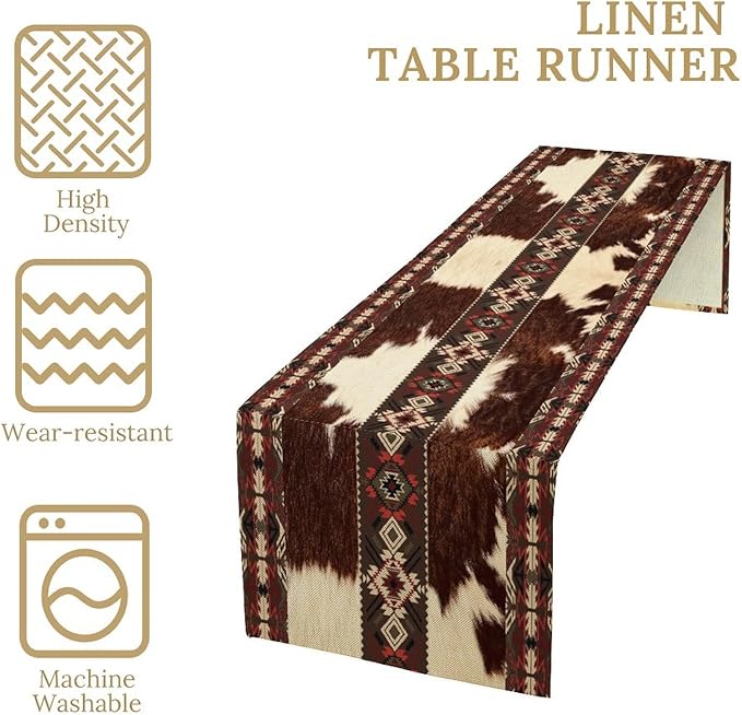Cowhide Table Runner, Brown Cow Western Exotic Aztec Wild Animals Skin Table Runner for Kitchen Farmhouse Dining Home Outdoor Party 13x70in
