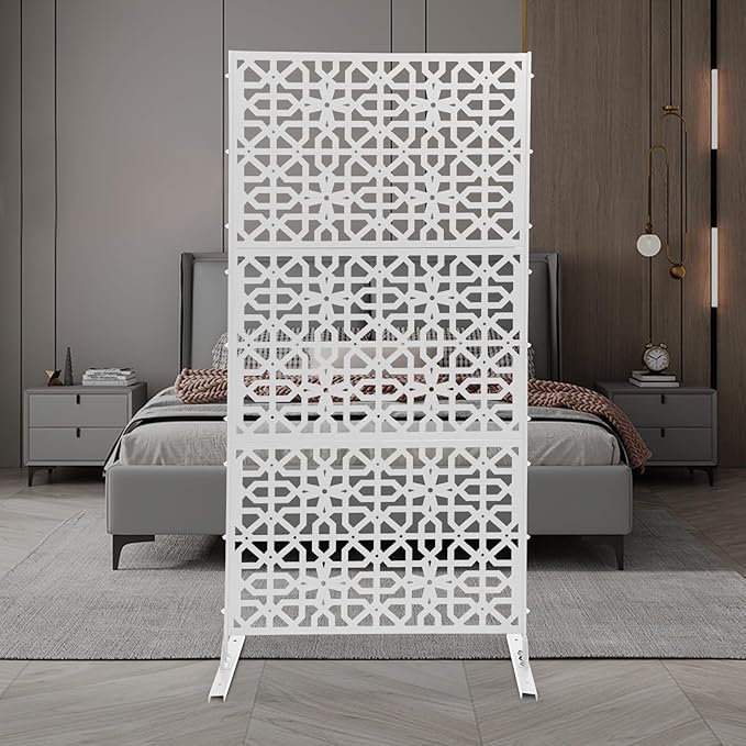 75" H×35" W Decorative Outdoor Privacy Screen with Stand, Outdoor Decor Privacy Fence Screen Metal Fence Panels, Free Standing Metal Divider for Patio Lawn Deck (White-Knot)