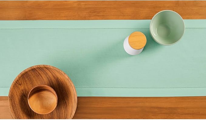 Solino Home Table Runner 108 Inches Long - Cotton Linen Hemstitch Aqua Table Runner 14 x 108 Inch for Winter, Spring, Easter