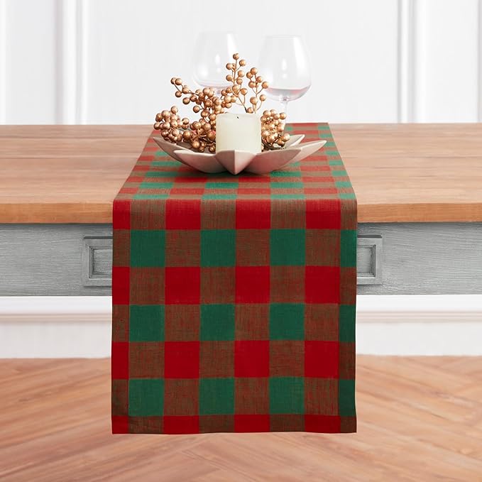 Solino Home Linen Checkered Table Runner 60 Inches - 100% Pure Linen Buffalo Check Red and Green Table Runner 14 x 60 Inch Ideal for Dresser and Coffee Tables - Winter
