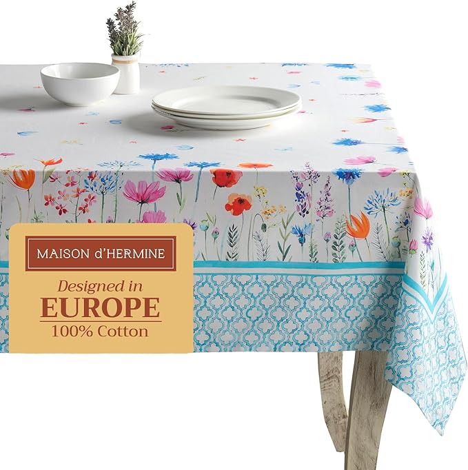 Maison d' Hermine Table Cloth Rectangle Table 100% Cotton 54 x 72 Inches Tablecloth Reusable Decorative for Dining Room, Farmhouse, Home, Party, Festive & Wedding Spring Summer - Flower in The Field
