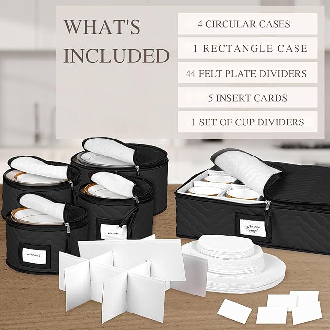 China Storage Containers 5-Piece Set Moving Boxes for Dinnerware, Glasses, Plates, Mugs and Saucers Sturdy Quilted Microfiber Dish Organizer with Dividers for Seasonal Storage - Holds Set of 12, Black