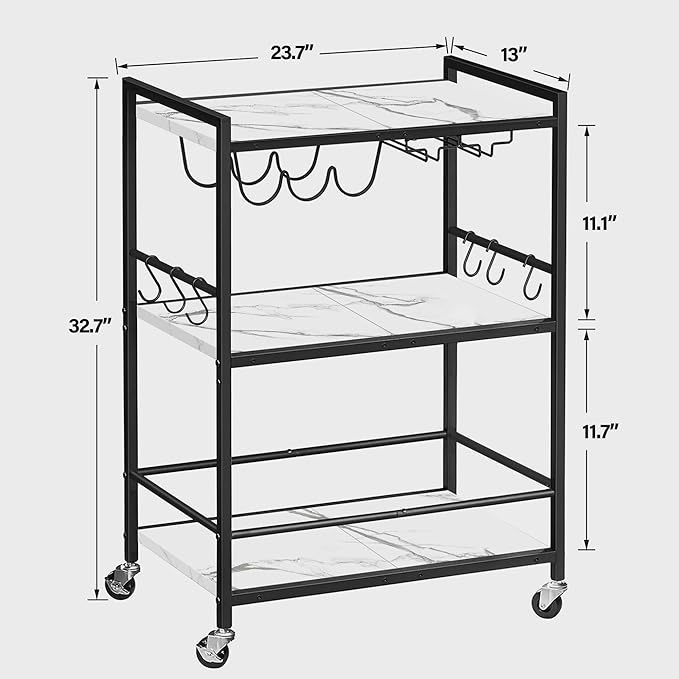 TUTOTAK Bar Cart - Serving Cart for Home - Microwave Cart, Drink Cart, Mobile Kitchen Shelf with Wine Rack and Glass Holder, Rolling Beverage Cart BC01BM030