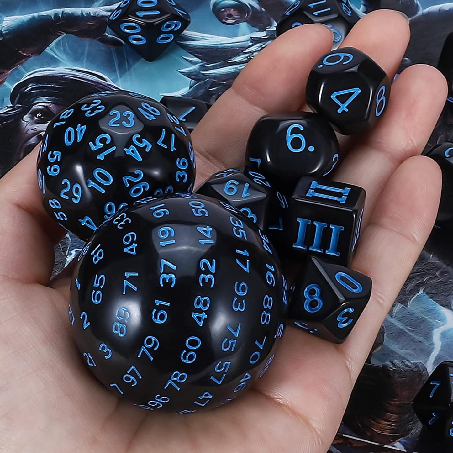 CiaraQ DND Polyhedral Dice Set (15pcs) D4-D100 Game Dice with Dice Bag for Dungeons and Dragons Role Playing Table Games (Black & Blue)