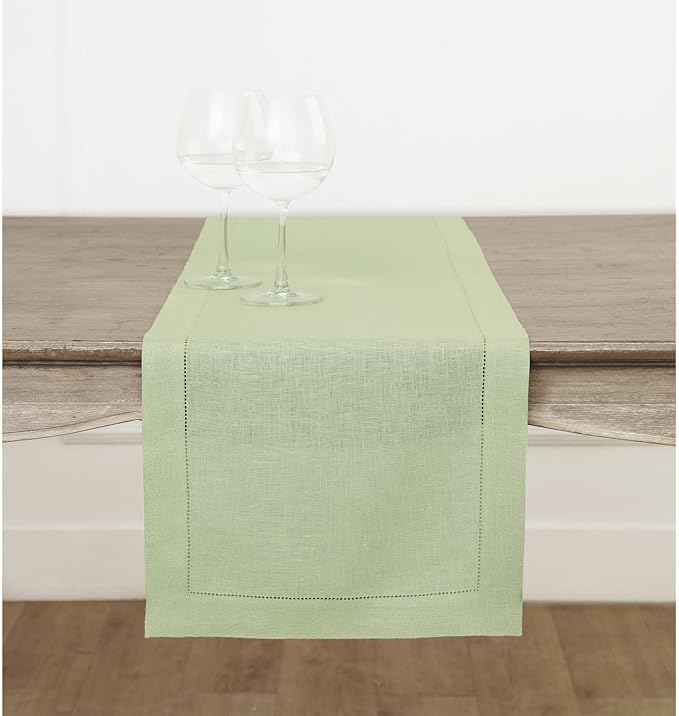 Solino Home Linen Sage Green Table Runner 132 Inches Long - 100% Pure Linen Extra Long Table Runner 14 x 132 Inch for Spring, Easter, St Patricks Day - Classic Hemstitch