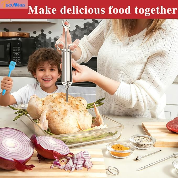 304-Stainless Steel Meat Injector Syringe Kit with 3 Marinade Needles for BBQ Grill Smoker, Turkey, Beef, Fish,Brisket, 2-oz Large Capacity, Silicone Brush and Cleaning Brush