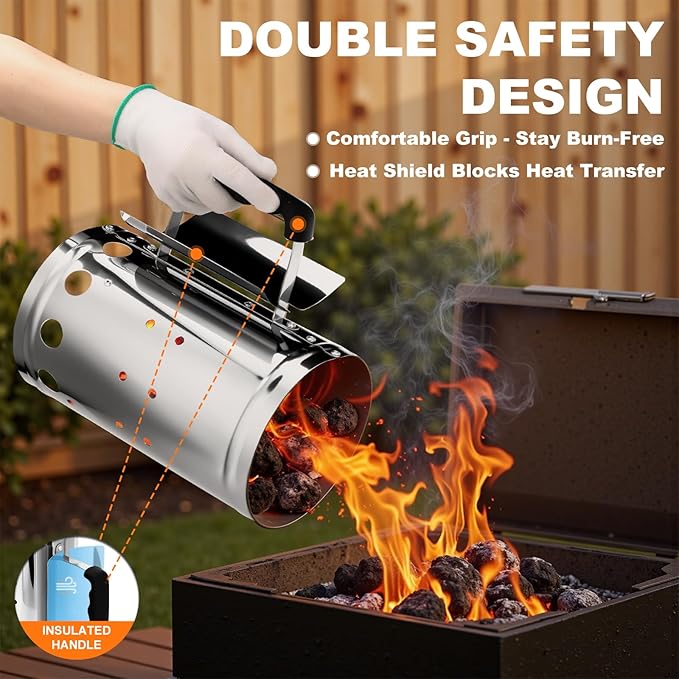 Charcoal Chimney Starter, BBQ Grill Quick Rapid Fire Starter Chimney for Outdoor Barbecue Cooking Camping, Sturdy and Easy to Use, Stainless Steel（10.62" x 6.3"）