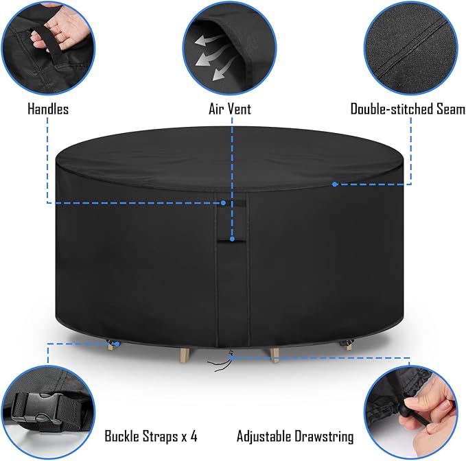 Round Patio Furniture Covers Waterproof, 96 Inch Outdoor High Round Table Cover, Tall Bar Height Outside Table and Chairs Set Covers for Winter, Rainproof Fadeproof - 96" Dia x 36" H