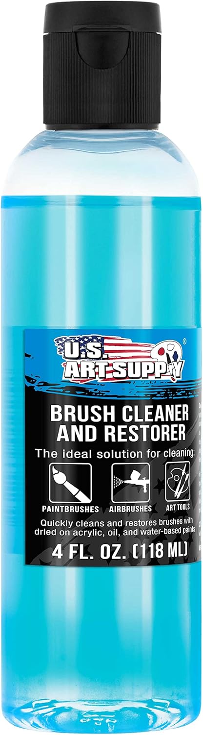 U.S. Art Supply Brush Cleaner and Restorer, 4 Ounce Bottle - Quickly Cleans Paint Brushes, Airbrushes, Art Tools - Cleaning Solution to Remove Dried On Acrylic, Oil and Water-Based Paint Colors