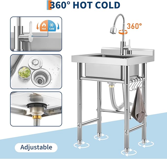 Stainless Steel Utility Sink, Free Standing Single Bowl Kitchen Sink, Adjustable Leg Height, with Faucet, Hot and Cold Water Pipes, Commercial Laundry Tub, Hook for Indoor Outdoor Farmhouse Use