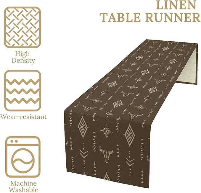 Western Cow Skull Table Runner,Vintage Boho Aztec Cow Ethnic Pattern Printed Table Runner for Home Kitchen Dining Farmhouse Coffee 13x120in