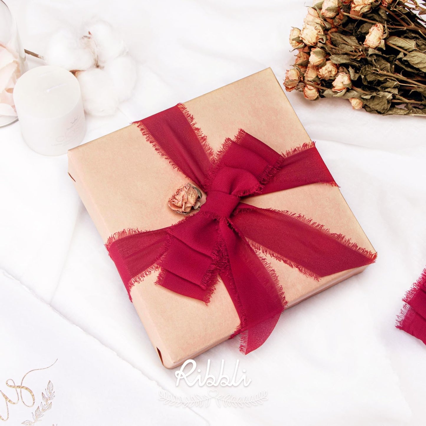 Ribbli Dark Red Chiffon Ribbon 1-1/2 inch x 20 Yard Handmade Fringe Chiffon Silk Ribbon,Dark Red Ribbon for Wrapping, Wedding Invitations, Bridal Bouquets, Home Decor