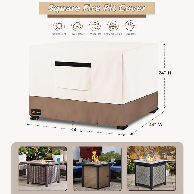 Fire Pit Cover Square, Outdoor Heavy Duty Durable 600D Tear-Resistant 100% Waterproof 42-44 Inch Fire Pit Cover, Patio Weatherproof Square Fire Table Protector, Beige 44" L x 44" W x 24" H