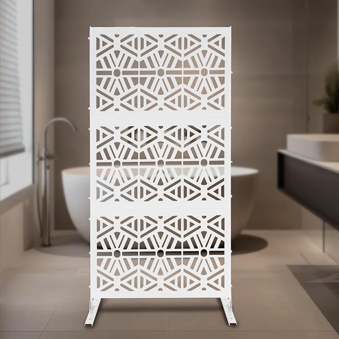 75" H×35" W Decorative Outdoor Privacy Screen with Stand, Outdoor Decor Privacy Fence Screen Metal Fence Panels, Free Standing Metal Divider for Patio Lawn Deck (White-Rhombus)