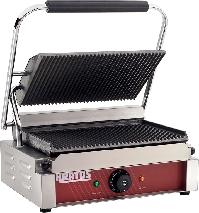 Kratos Commercial Electric Panini Sandwich Grill with Grooved Plates, 14" x 9" Cooking Surface, Commercial Countertop Panini Press, 120V, 1750W (29Y-020)
