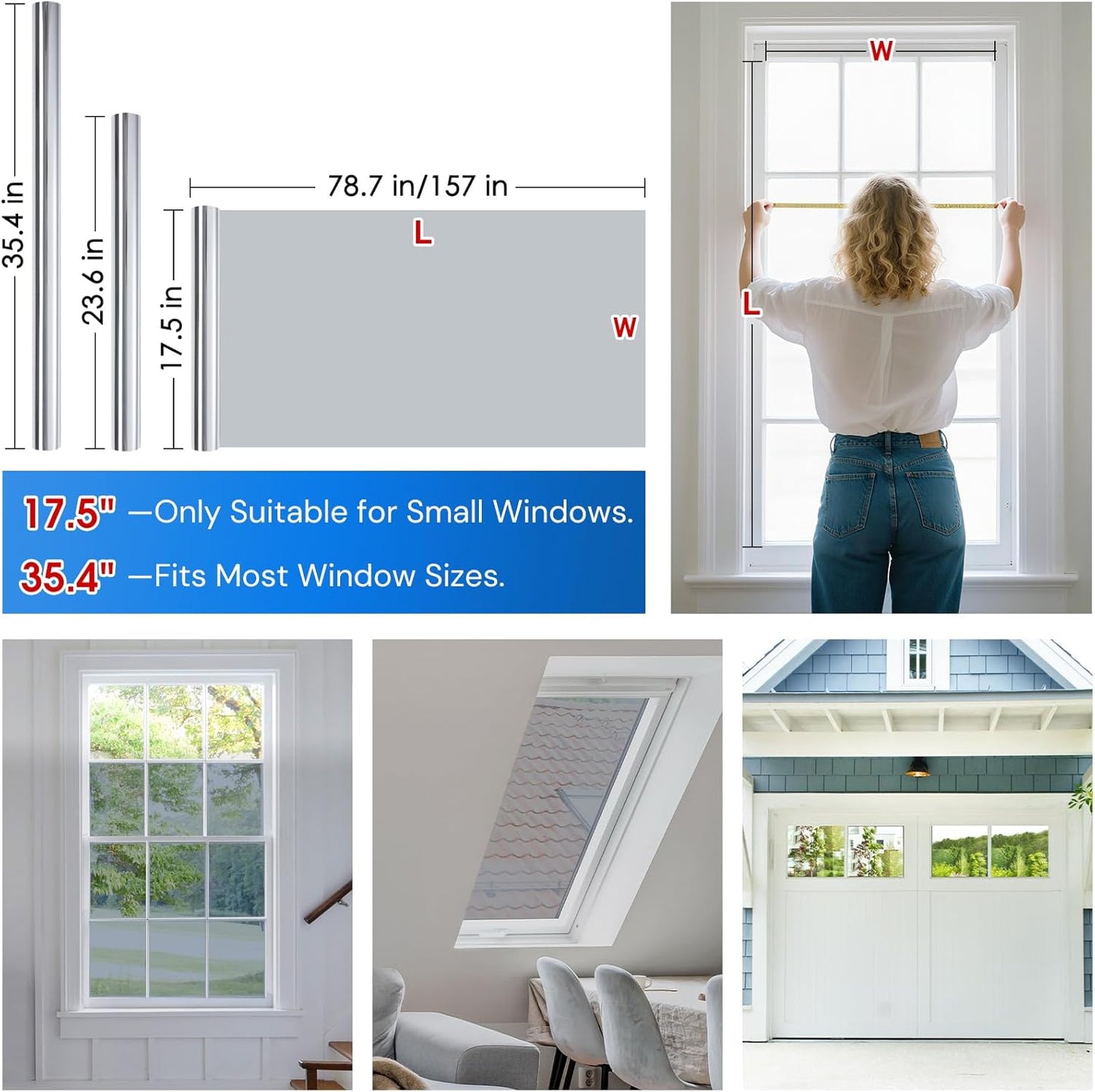Homein One Way Privacy Window Film with Tool Window Tint for Home Film See Out Not in Heat Control Sun Blocking Mirror Reflective Anti UV Covering Static Cling No Glue Sliver 35.4 x 78.7 inch