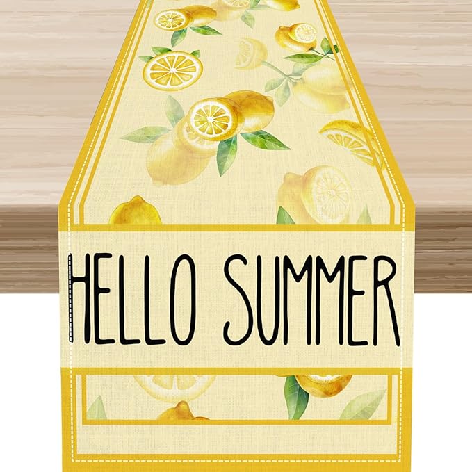 Summer Lemon Table Runner, Farmhouse Seasonal Spring Yellow Fresh Fruits Country Coffee Cafe Table Center Decor for Home Kitchen Dining Party Patio Indoor Outdoor Table Decorations, 13"x36" Inch