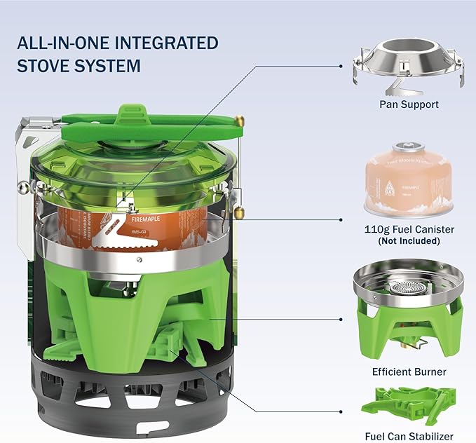 Fire-Maple "Fixed Star 3" Personal Cooking System | Pot/Jet Burner Stove System with Electric Ignition | Ideal for Hiking, Camping, Backpacking, Fishing, Hunting Trips and Emergency Use, Green
