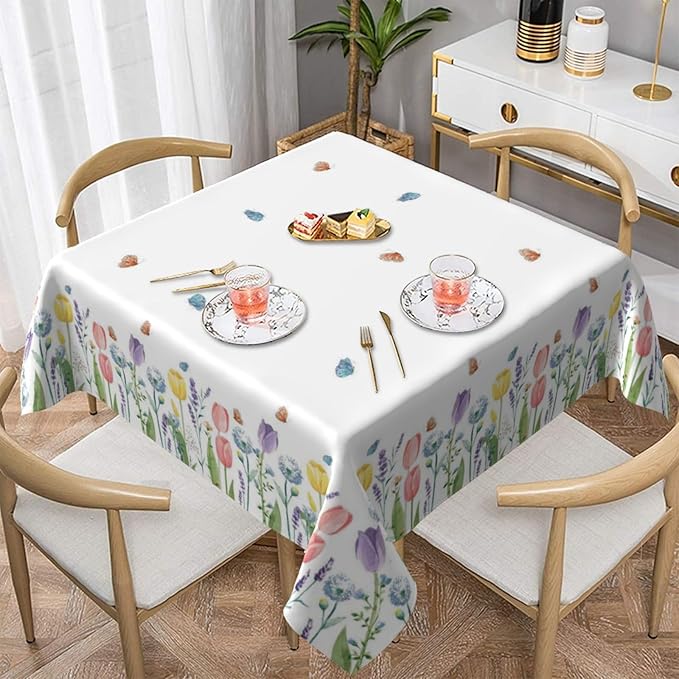 Spring Floral Tablecloth 54 x 54 Inch Square, Tulip Lavender Flower Decorative Tablecloths Stain Resistance Polyester Beautiful Flower Table Cloth for Holiday Parties Kitchen Dining Indoor Outdoor