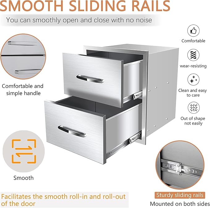 Outdoor Kitchen Drawers, Box Frame Style Flush Mount BBQ Drawer w/Stainless Steel Handle, BBQ Island Drawers For Patio Grill Station,Double Drawers