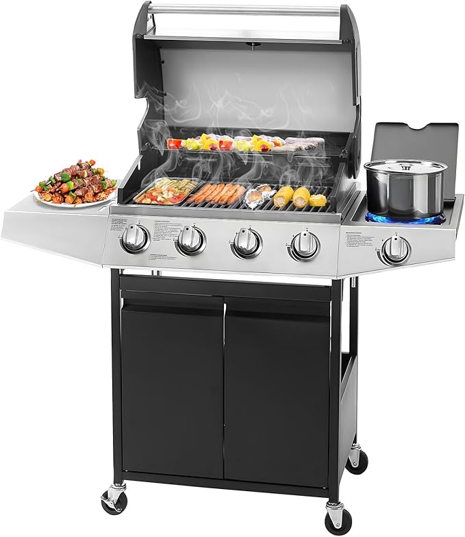 Unovivy 4-Burner Propane Gas BBQ Grill with Side Burner & Porcelain-Enameled Cast Iron Grates Built-in Thermometer, 49,000 BTU Outdoor Cooking, Patio, Garden Barbecue Grill, Black and Silver