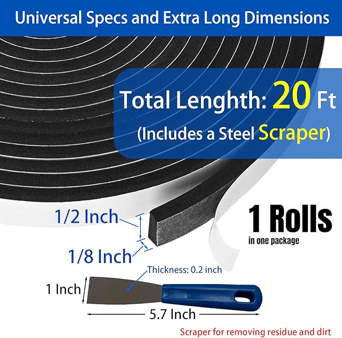 Smoker Gasket Seal - 1/2" x 1/8" x 20 Ft Self-Adhesive High Temp Black Felt for BBQ Grill Pit & Fire Door