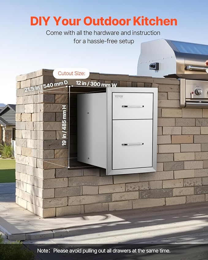 VEVOR Outdoor Kitchen Drawers 13" W x 20.5" H x 21" D, Flush Mount Double BBQ Access Drawer with Stainless Steel Handle, BBQ Island Drawers for Outdoor Kitchens or Patio Grill Station