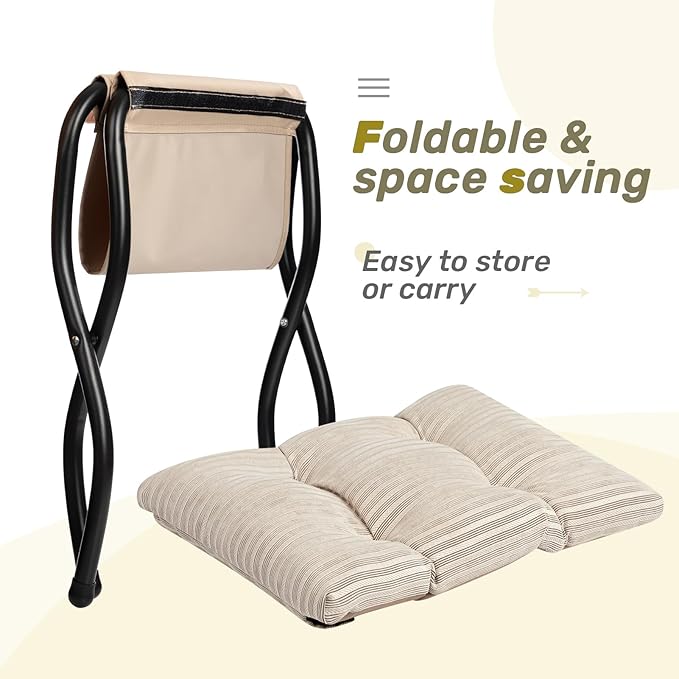 HollyHOME 15"(H) Folding Footrest Stool, Upholstered Small Foldable Ottoman, Accent Padded Sofa Foot Stool for Lazy Chair, Metal Frame Portable Foot Rest Ottoman for Living Room, Bedroom, Beige Stripe