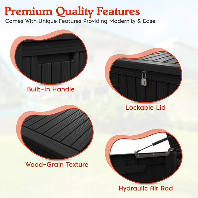 Waterproof Outdoor Resin Deck Box with Lockable Lid, Easy Assembly Features and Convenient Handles For Cushion, Pillows and other Patio Furniture (180 Gallon Black)