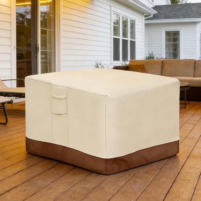 Vailge Fire Pit Cover Square,100% Waterproof Square Gas Firepit Table Cover,Outdoor Heavy Duty Lawn Patio Furniture Covers with Air Vent and Handle,32" L x 32" W x 16" H,Beige & Brown