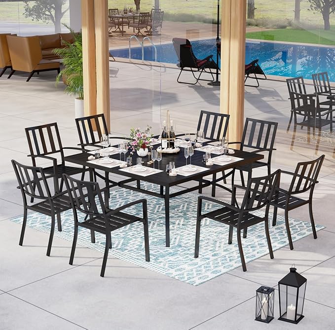 MFSTUDIO Outdoor Dining Set for 8, Patio Dining Set with Square Table, 9 Piece Patio Table and Chairs Set, Metal Outdoor Patio Furniture Set for Deck Backyard Poolside Garden