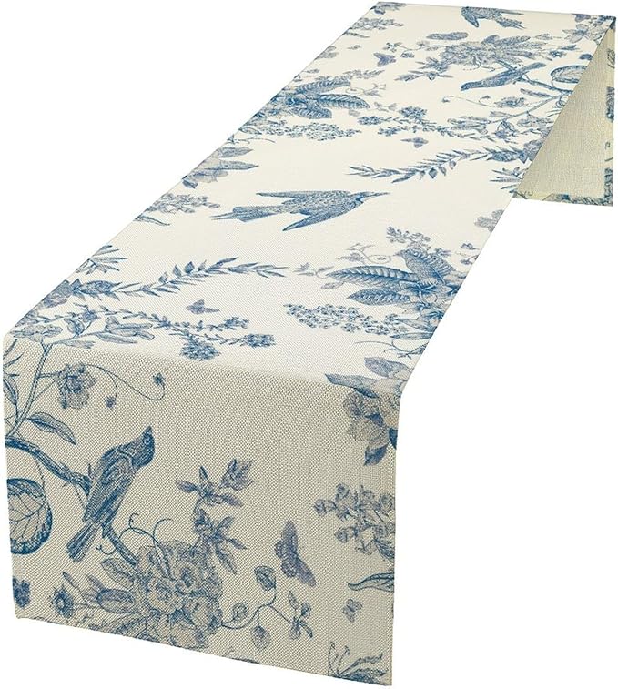 Spring Flower Table Runner, Farmhouse Vintage Blue White Floral Bird Print Table Runner for Kitchen Dining Table Party Wedding Decor, 13x36inch