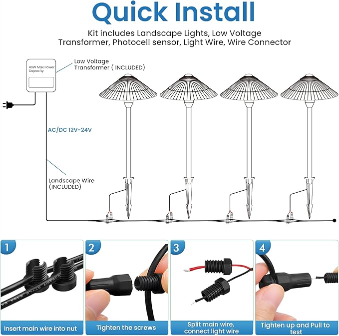 Landscape Lighting Pathway Lights 4 Pack, 5W Low Voltage LED Outdoor Garden Lights, Cast Aluminum with Acrylic Lens, IP66 Waterproof Yard Walkway Driveway Patio Path Lights, Transformer Cable Included