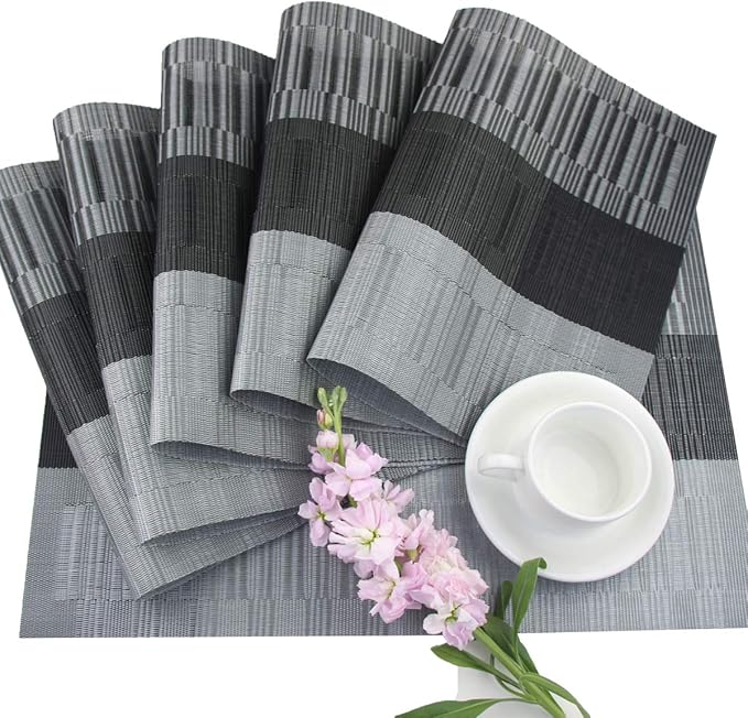 PIGCHCY Vinyl Placemats Set of 12 Washable Durable Kitchen Place Mats Easy to Clean Plastic Placemats for Dining Table (Black)