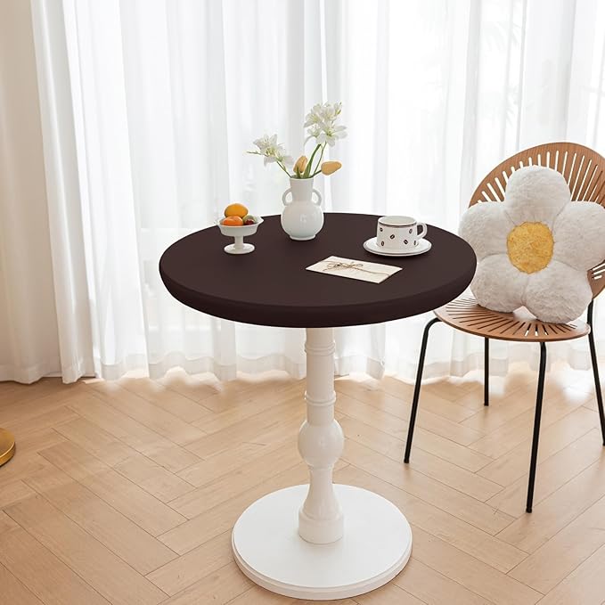 Round Fitted PU Tablecloth with High Elastic Edge 24 Inch Dia Waterproof Oil Proof Table Cloth Anti-Scald Stain-Resistant Wipeable Table Cover for Indoor Outdoor Picnic (Coffee,24" Dia)