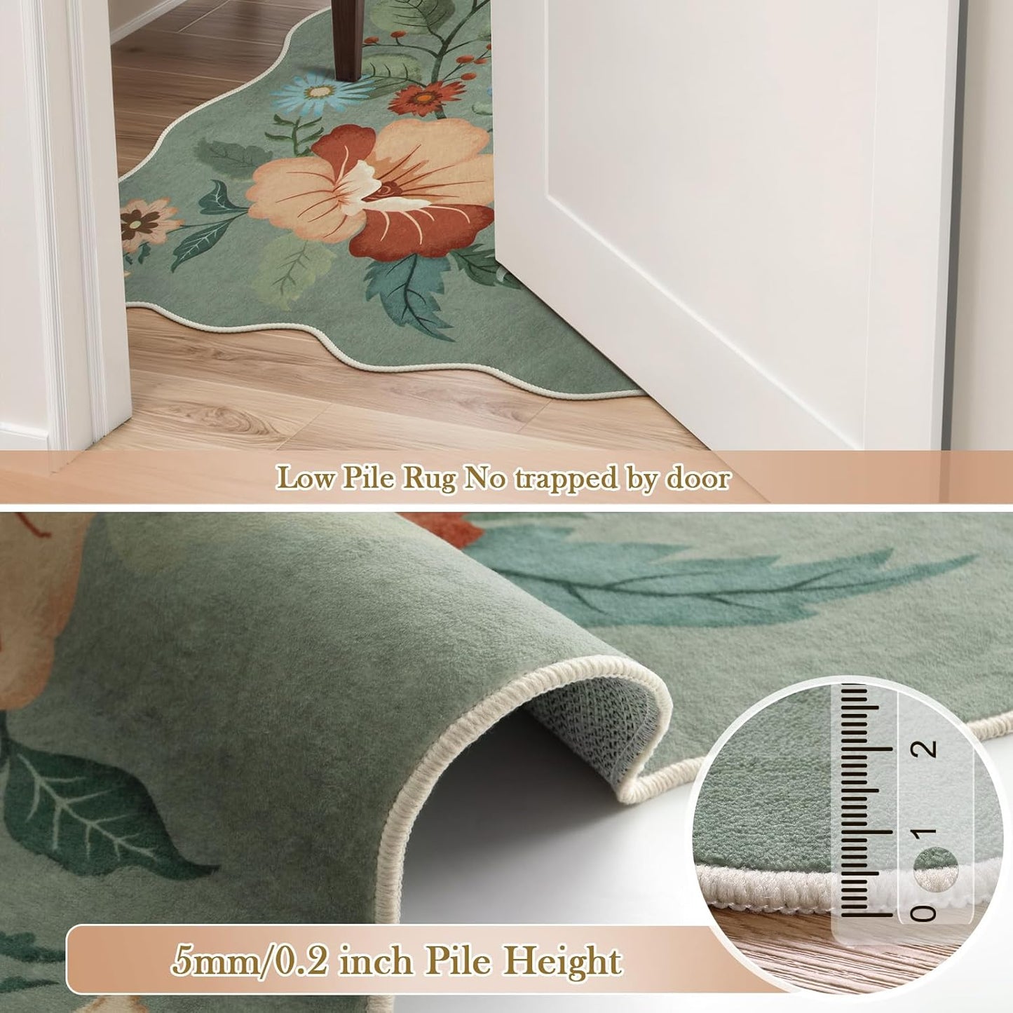 Beeiva Washable Rug 6x9 - Scalloped Floral Printed Soft Non Slip Kids Rugs for Bedroom Ultra-Thin Low Pile Boho Green Area Rug Aesthetic Throw Carpet for Living Room Playroom Dorm Office(Green,6x9ft)