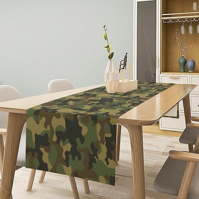 Camo Table Runner, Military Camouflage Coast Guard Force Soldier Hunting Themed Table Runner for Holiday Birthday Party Home Kitchen 13x90in