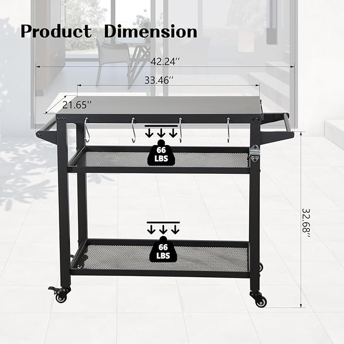 Domi 3-Tier Outdoor BBQ Grill Cart with Lockable Wheels | Portable Pizza Oven Stand & Food Prep Station | Compatible with Blackstone Griddle & Propane Tanks | All-Weather Patio Cooking Center