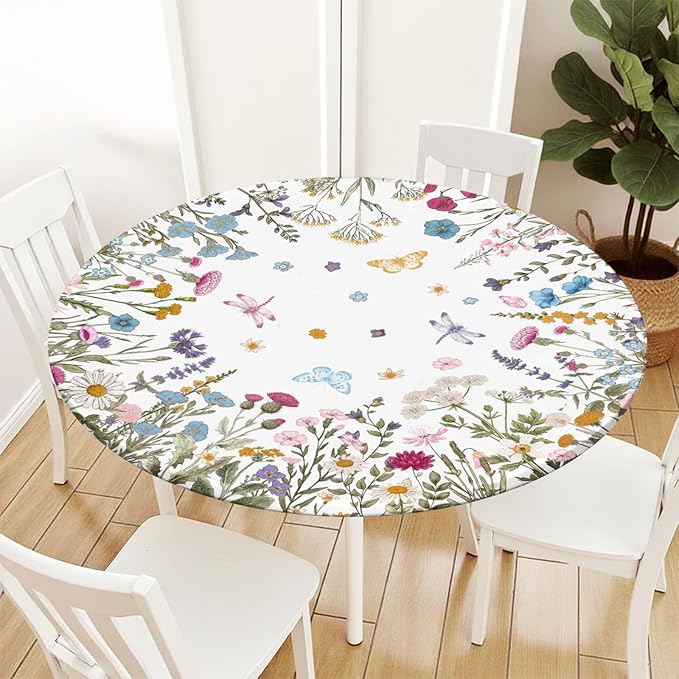 Spring Summer Floral Round Fitted Tablecloth with Elastic Wildflower Butterfly Circle Table Cloth for 44-48" Tables Wipeable Waterproof Farmhouse Easter Flowers Table Cover for Picnic Outdoor Dining