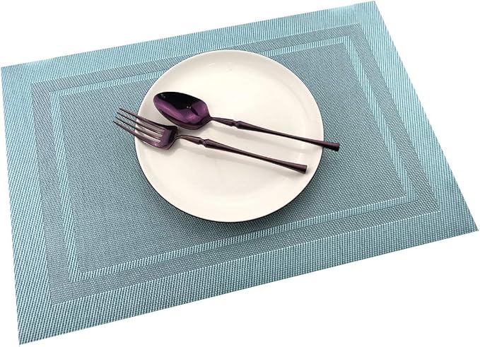 Gugrida Placemats Set of 6 Plaid Checkered Blue PVC Placemat for Dining Table Durable Woven Vinyl Stain tablemats 18"X12"