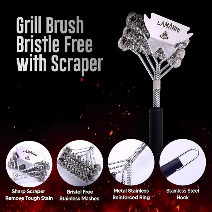 BBQ Grill Brush and Scraper 18” Heavy Duty Stainless Steel Grill Cleaner for Gas, Charcoal & Electric Grills Safe, Rustproof, Bristle-Free BBQ Cleaning Brush