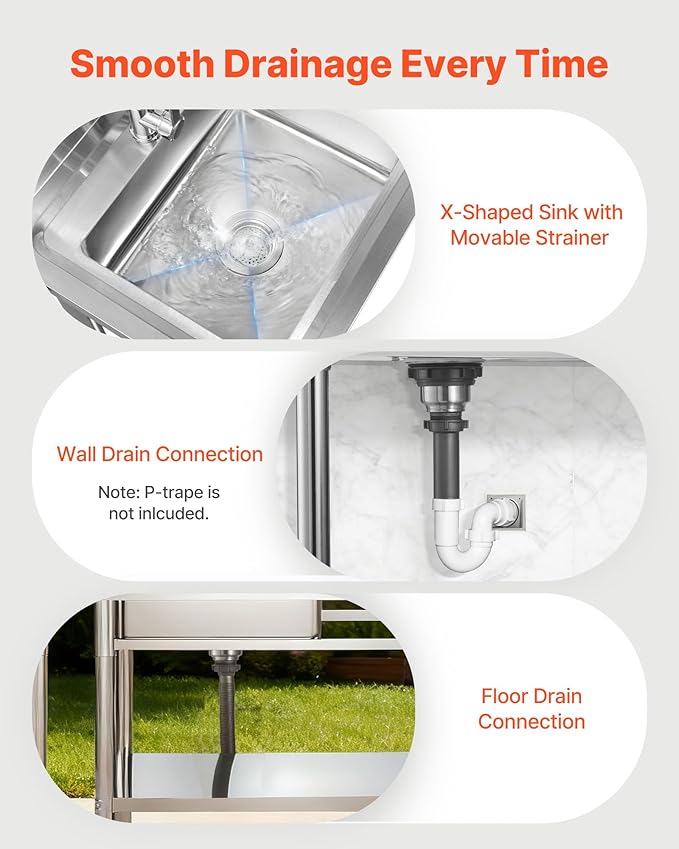 VEVOR Stainless Steel Utility Sink, Free Standing Single Bowl Commercial Kitchen Sink with Faucet, Utility Right Basin Workbench with Hot & Cold Water Pipe for Garage Restaurant Laundry, 47x19.7x37 in