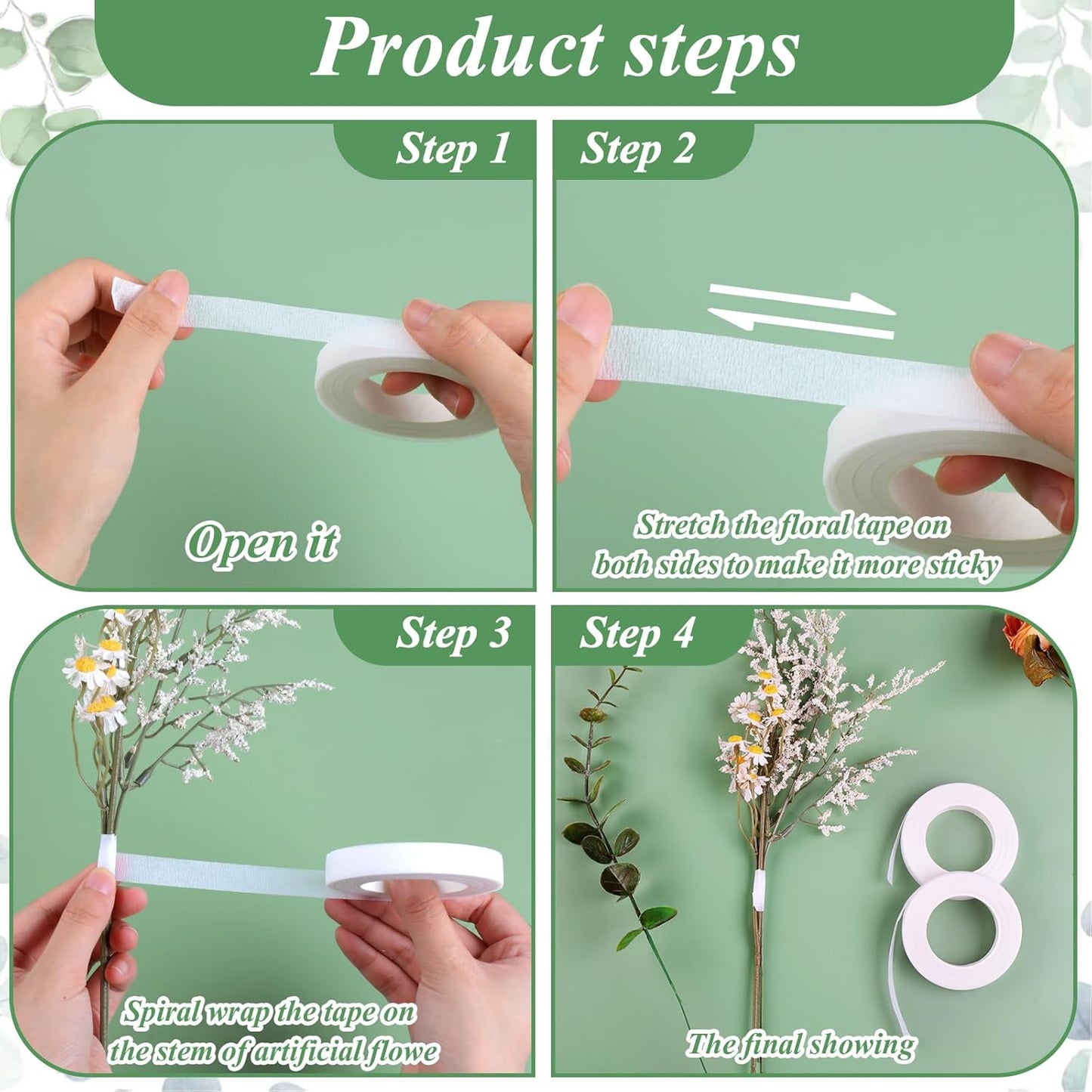 Phinus 9 Rolls Floral Tape, 1/2 Inch x 30 Yard Flower Tape, Green Floral Tape for Floral Crafts Supply, Bouquet Stem Wrapping, Wedding Bouquet (White)