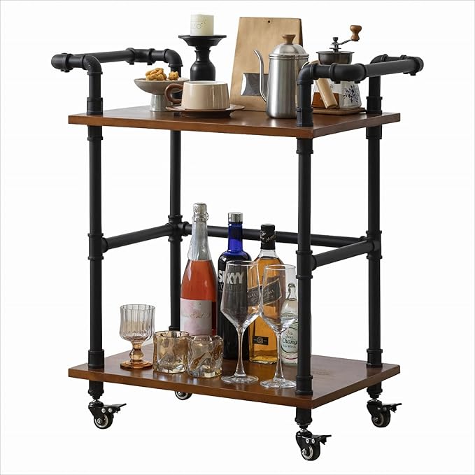 Industrial Pipe Bar Carts/Serving Carts/Kitchen Carts/Wine Rack Carts on Wheels with Shelves - Wood Rolling Carts - Wine Tea Liquor Shelves/Holder - Home Furniture (Two tiers pipe wood bar cart)