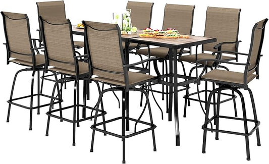 PHI VILLA Outdoor Patio Swivel Bar Set of 11, Textilene Bar Height Chair with Armrest and Wood Like Bar Table, All-Weather Furniture Set for Garden Lawn