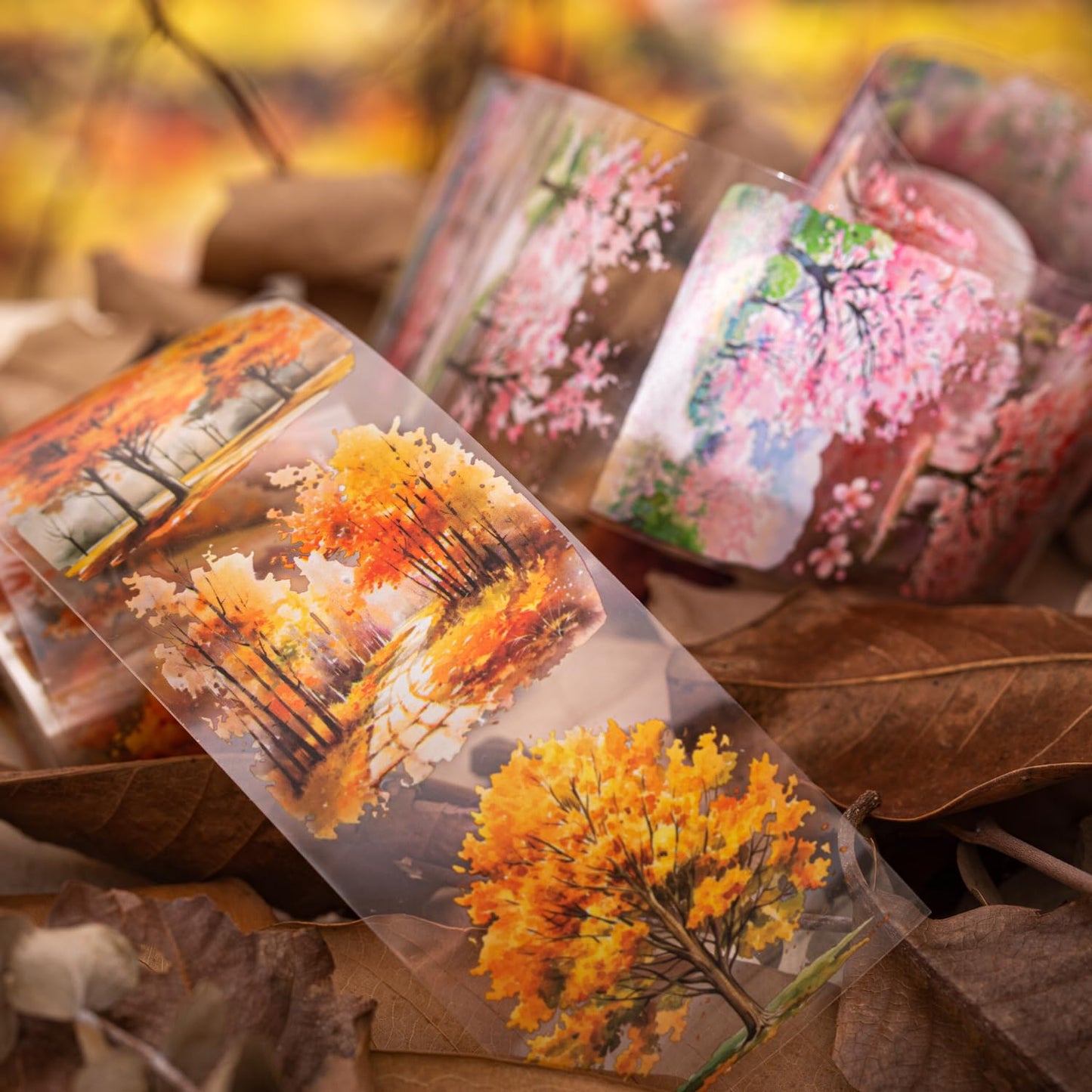 6PCS Trees and Forest PET Tape Set, Nature Scenery Adhesive Tapes for Journaling, Scrapbooking, and DIY Crafts, with Decorative Clip