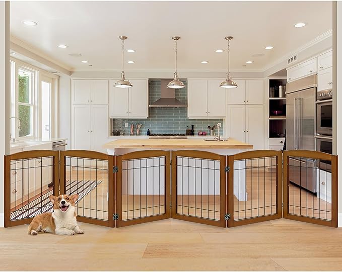 LZRS 6-Panel Extra Wide Wooden Freestanding Dog Gate: Foldable Solid Wood and Steel Wire Chew Resistant Safety Barrier for Doorways, Stairs, and Open Long Spaces Indoor Use, Cherry