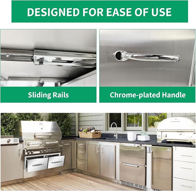 Outdoor Kitchen Drawers 30" W x 10" H x 20" D Stainless Steel Single Drawers with Ergonomic Handle for BBQ Island, Patio Grill Station & Outdoor Kitchen Cabinets