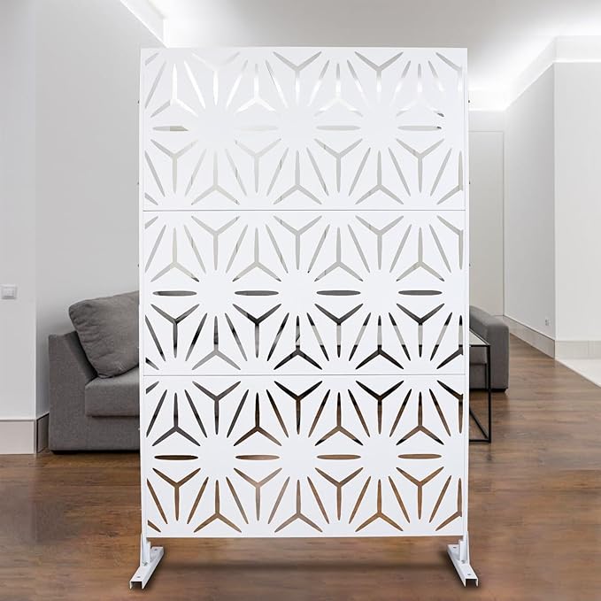 Outdoor Privacy Screen, 76" H x 48" W Decorative Metal Panel, Steel Privacy Divider with Freestanding Base, Ideal for Garden, Patio, or Balcony, White